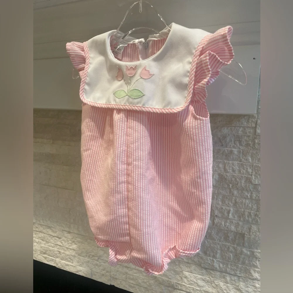 Pink Seersucker Baby Girl Bubble Romper with Tulip Embroidery